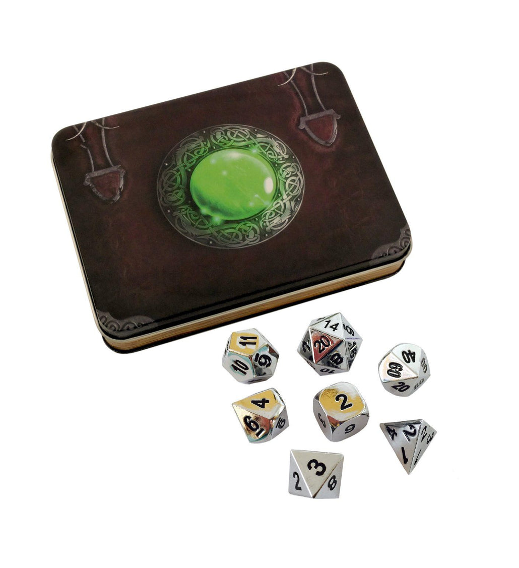 Wizard's Grimoire with Shiny Chrome / Silver Color with Black Numbering Metal Dice Set