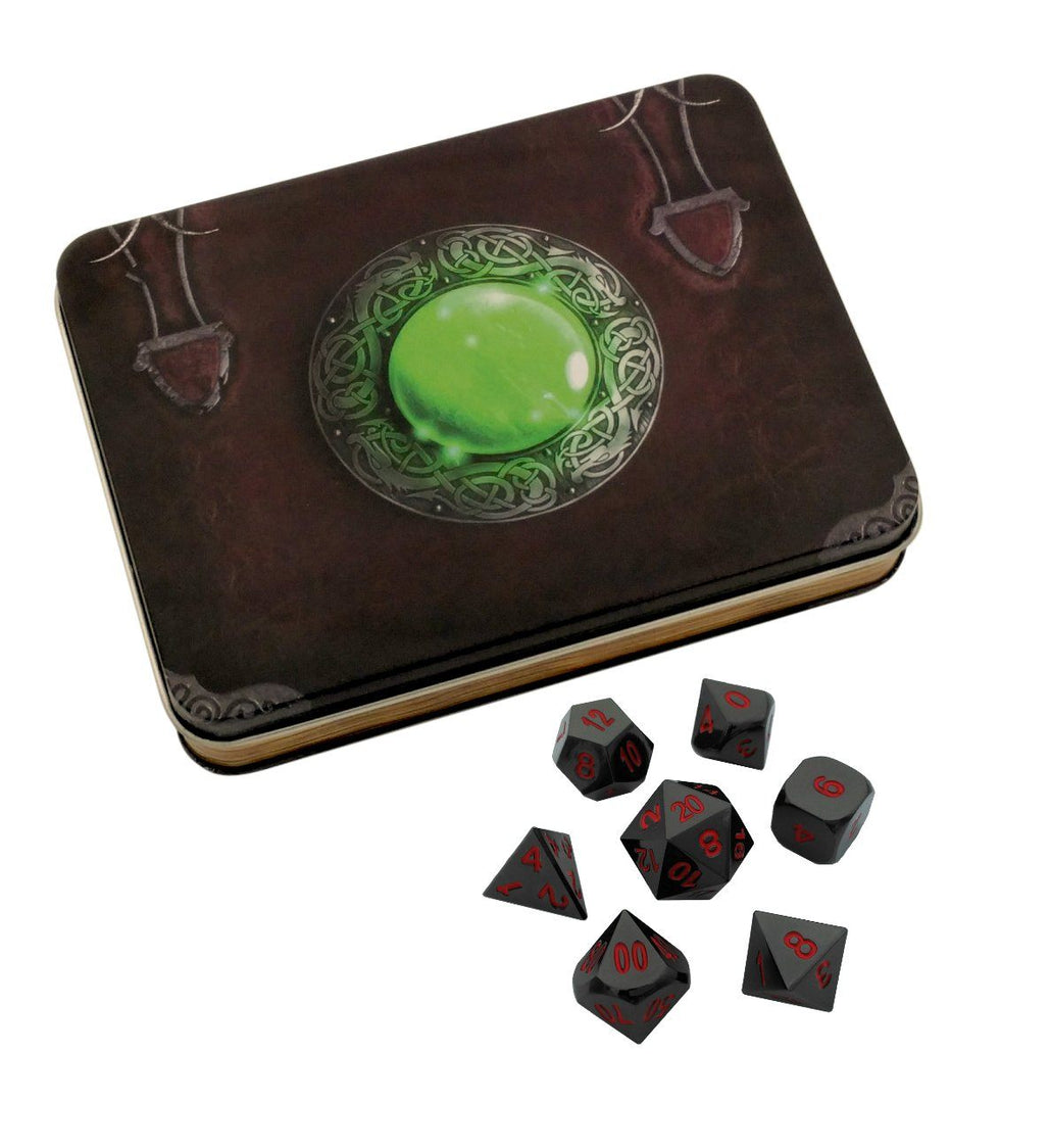 Wizard's Grimoire with Smoke and Fire | Shiny Black Nickel with Red Numbers Metal Dice