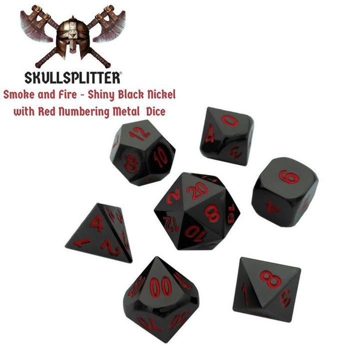Metal Dice - Wizard's Grimoire With Smoke And Fire | Shiny Black Nickel With Red Numbers Metal Dice