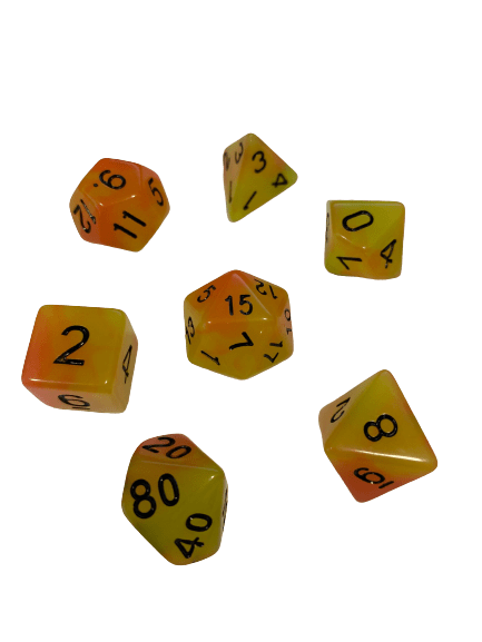 Orange and Yellow Glow in the Dark with Black Numbering Polyhedral RPG Dice Set