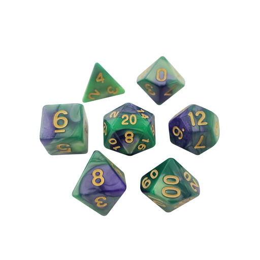 Ozymandius - Green And Purple Swirled Color - Set Of 7 Polyhedral RPG Dice For D&D