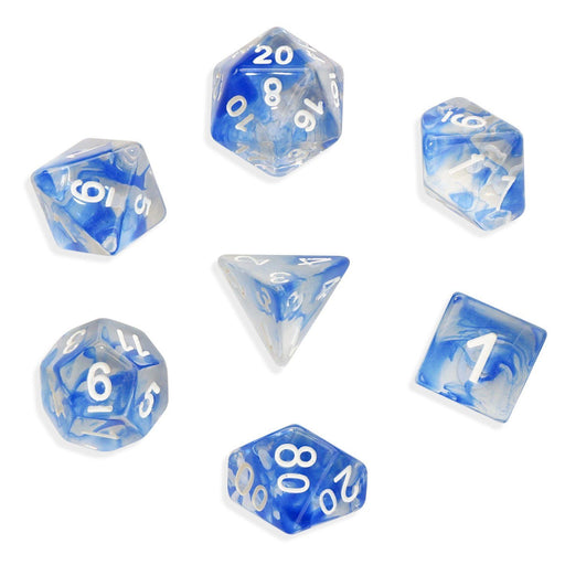 Polyhedral Dice Set - Aether Stone Blue Color With White Numbers - Pack Of 7 Polyhedral Dice (7 Die In Set) | Role Playing Game Dice | D4, D6, D8, D10, D%, D12, And D20