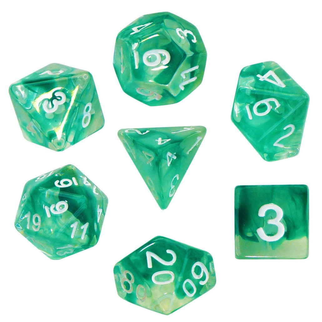 Aether Stone Green Color with White Numbers - Pack of 7 Polyhedral Dice (7 Die in Set) | Role Playing Game Dice | D4, D6, D8, D10, D%, D12, and D20