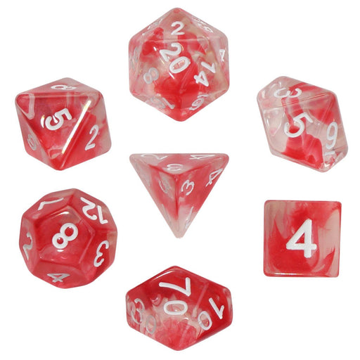 Polyhedral Dice Set - Aether Stone Red Color With White Numbers - Pack Of 7 Polyhedral Dice (7 Die In Set) | Role Playing Game Dice | D4, D6, D8, D10, D%, D12, And D20