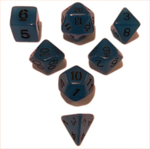 Polyhedral Dice Set - Blue Glow In The Dark - Pack Of 7 Polyhedral Dice (7 Die In Set) | Role Playing Game Dice | D4, D6, D8, D10, D%, D12, And D20