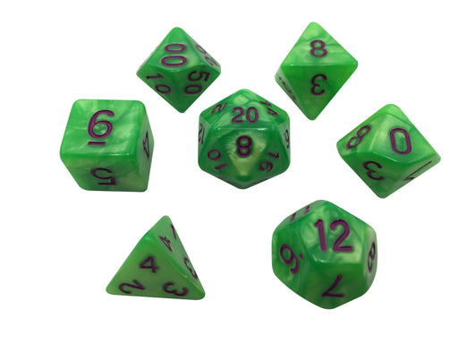 Polyhedral Dice Set - Contagion - Set Of 7  Light Green With Dark Purple Numbering Polyhedral RPG Dice For Dungeons And Dragons