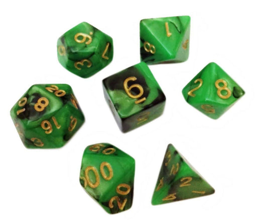 Polyhedral Dice Set - Green And Black Swirled Color - Pack Of 7 Polyhedral Dice (7 Die In Set) | Role Playing Game Dice | D4, D6, D8, D10, D%, D12, And D20