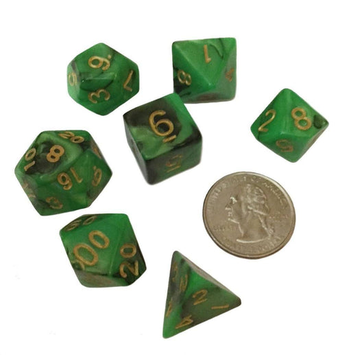 Polyhedral Dice Set - Green And Black Swirled Color - Pack Of 7 Polyhedral Dice (7 Die In Set) | Role Playing Game Dice | D4, D6, D8, D10, D%, D12, And D20
