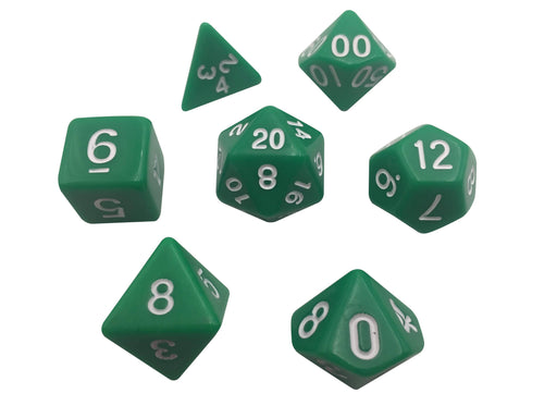 Polyhedral Dice Set - Green With White Numbers  Set Of 7 Polyhedral RPG Dice