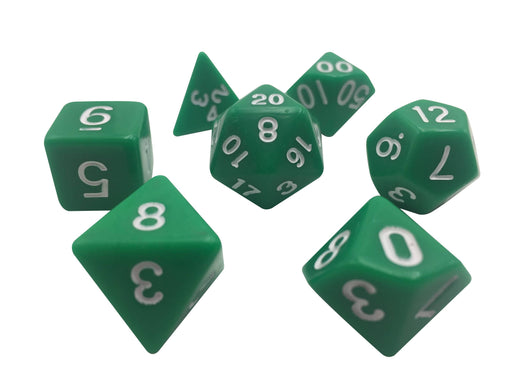 Polyhedral Dice Set - Green With White Numbers  Set Of 7 Polyhedral RPG Dice