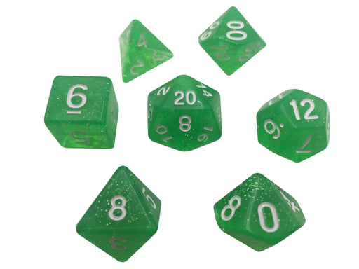 Polyhedral Dice Set - Light Green Translucent Color With Glitter - Set  7 Polyhedral RPG Dice With White Numbers