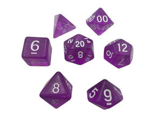 Polyhedral Dice Set - Purple Translucent Color - Set  7 Polyhedral RPG Dice With White Numbers