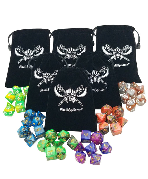 Polyhedral Dice Set - SkullSplitter Dice - Six Set Of 7 Swirl Dice  Percentile With Small Bags