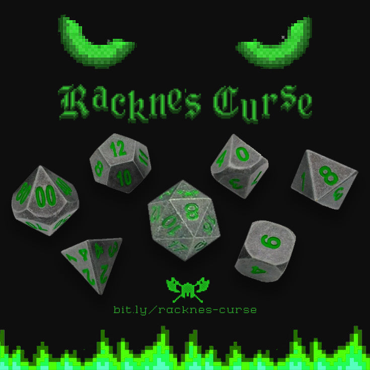 Rackne's Curse | Gunmetal Gray with Green Numbers Metal Dice (7 Die in Pack)