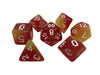 red and yellow translucent dice set with white numbers for dnd