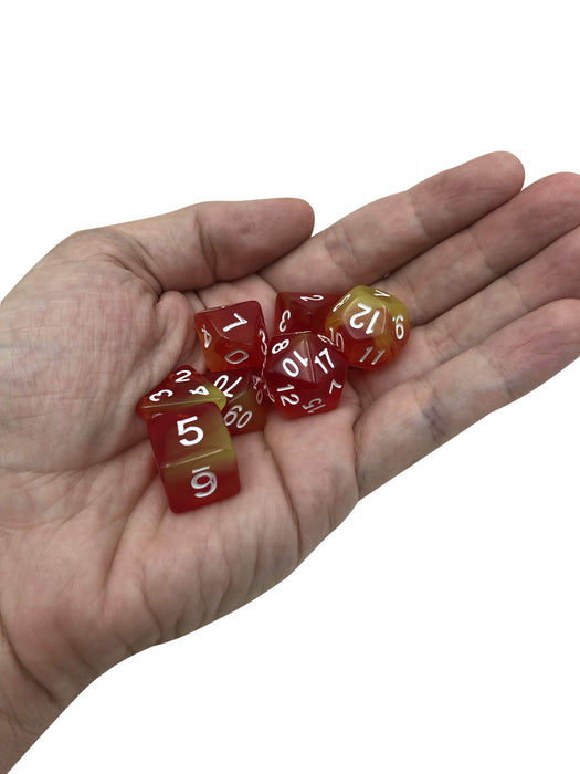 red and yellow translucent dice set with white numbers for dnd 5e