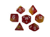 Red and yellow translucent dice set with white numbers for dungeons and dragons