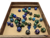 scattered 42 pack of dark rpg dice sets with gold numbers for dungeons and dragons