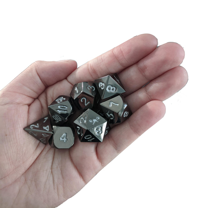 Werewolf's Bane ™️ - Shiny Black Nickel with Silver Numbering  Metal Dice (7 Die in Pack) with small velvet bag