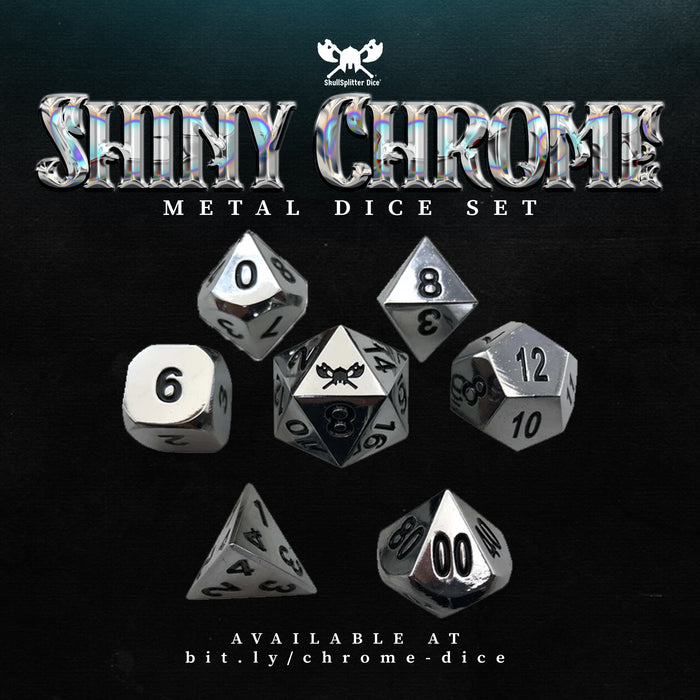 Shiny Chrome / Silver Color with Black Numbering Metal Dice (7 Die in Pack)