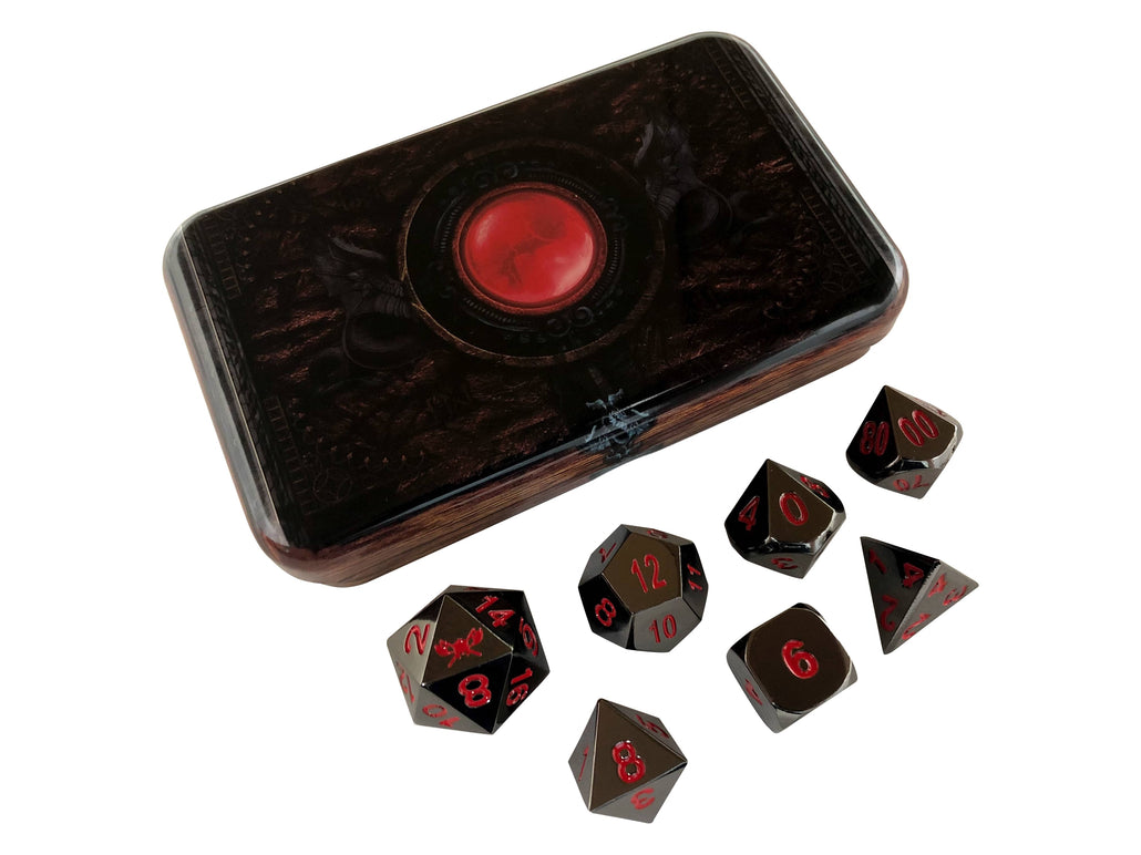Warlock Tome with Smoke and Fire | Shiny Black Nickel with Red Numbers Metal Dice