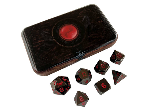 Metal Dice - Warlock Tome With Smoke And Fire | Shiny Black Nickel With Red Numbers Metal Dice