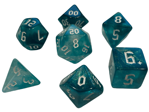 Mermaids Joy  - Light Blue with TranslucentLight and Dark Blue with White Numbering and Shimmer Polyhedral RPG Dice