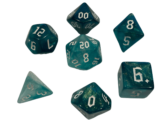 Mermaids Joy  - Light Blue with TranslucentLight and Dark Blue with White Numbering and Shimmer Polyhedral RPG Dice