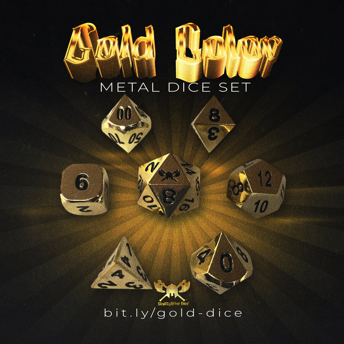 Shiny Gold Color with Black Numbering Metal Dice (7 Die in Pack)