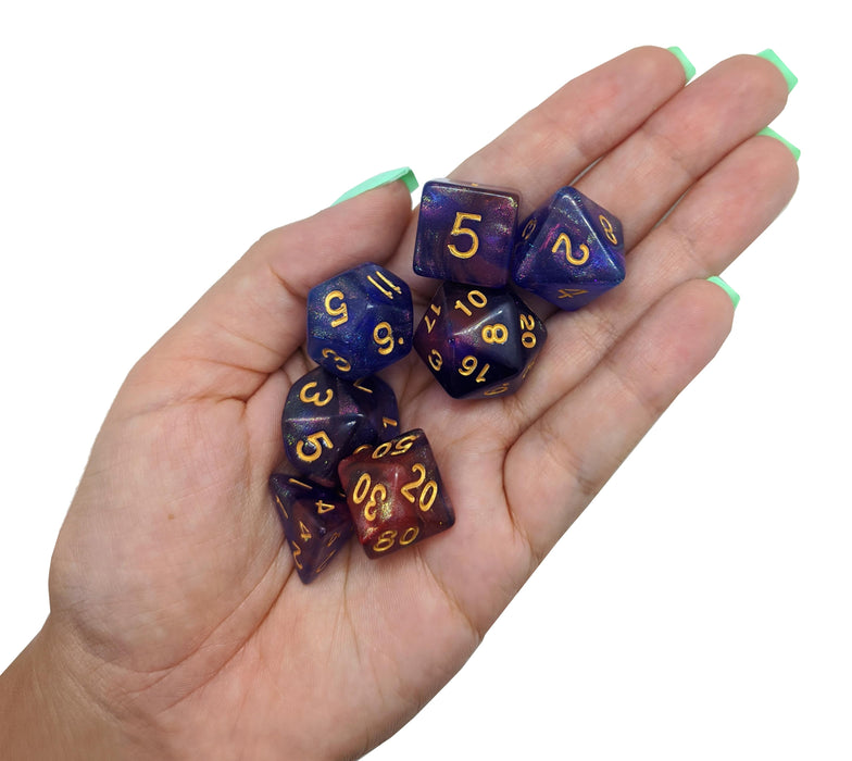 Midnight Stardust™️ - Blue and Red with Shimmer Glitter and Gold Numbers Dice Set