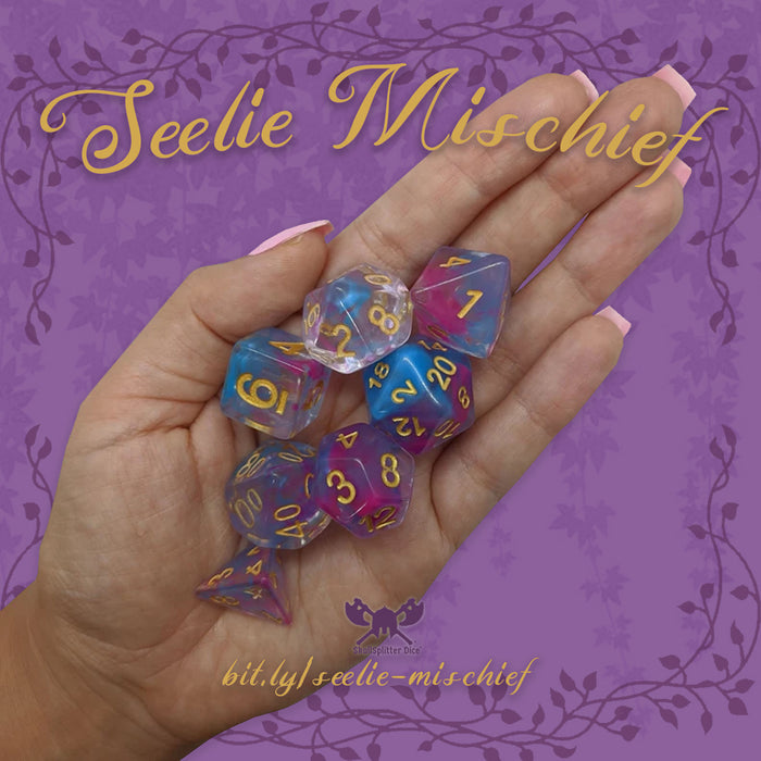 Seelie Mischief ™️ - Blue and Pink Translucent with Gold Numbering Dice Set