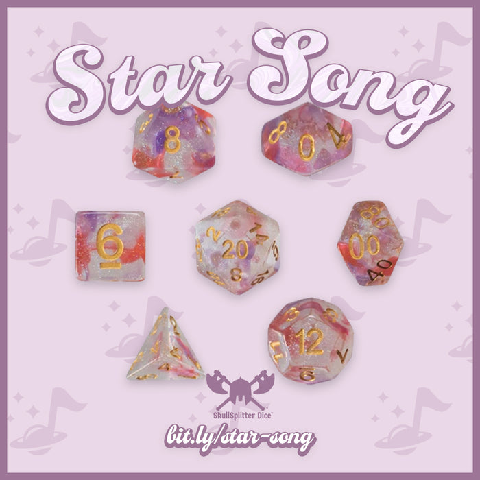 Star Song - Translucent with Red and Purple Swirl and Glitter with Gold Numbers Dice Set
