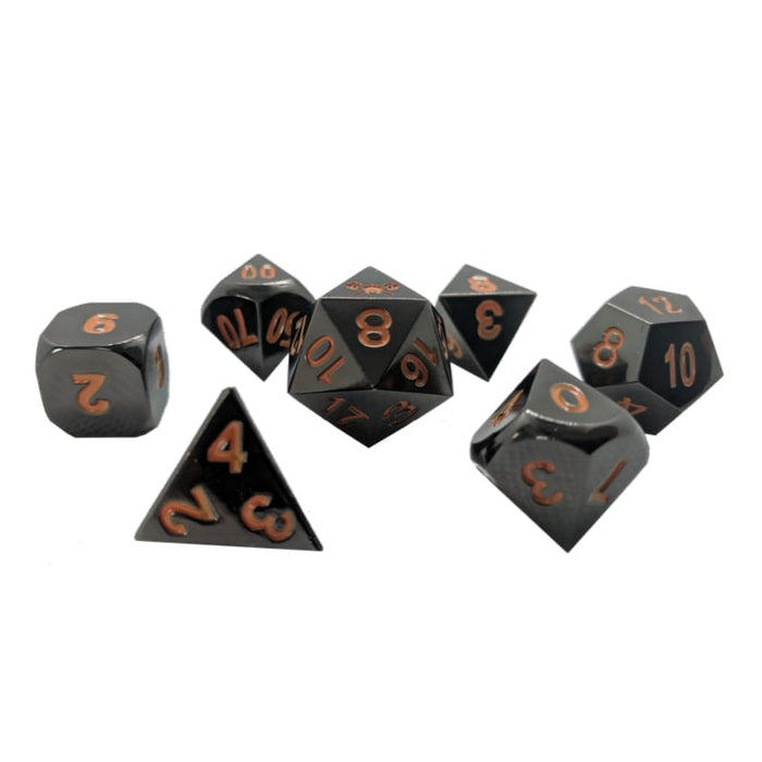 Witch's Rune Stones™️ - Shiny Black Nickel with Orange Color Numbers Metal Dice  - 7 Piece Set with Velvet Dice Bag